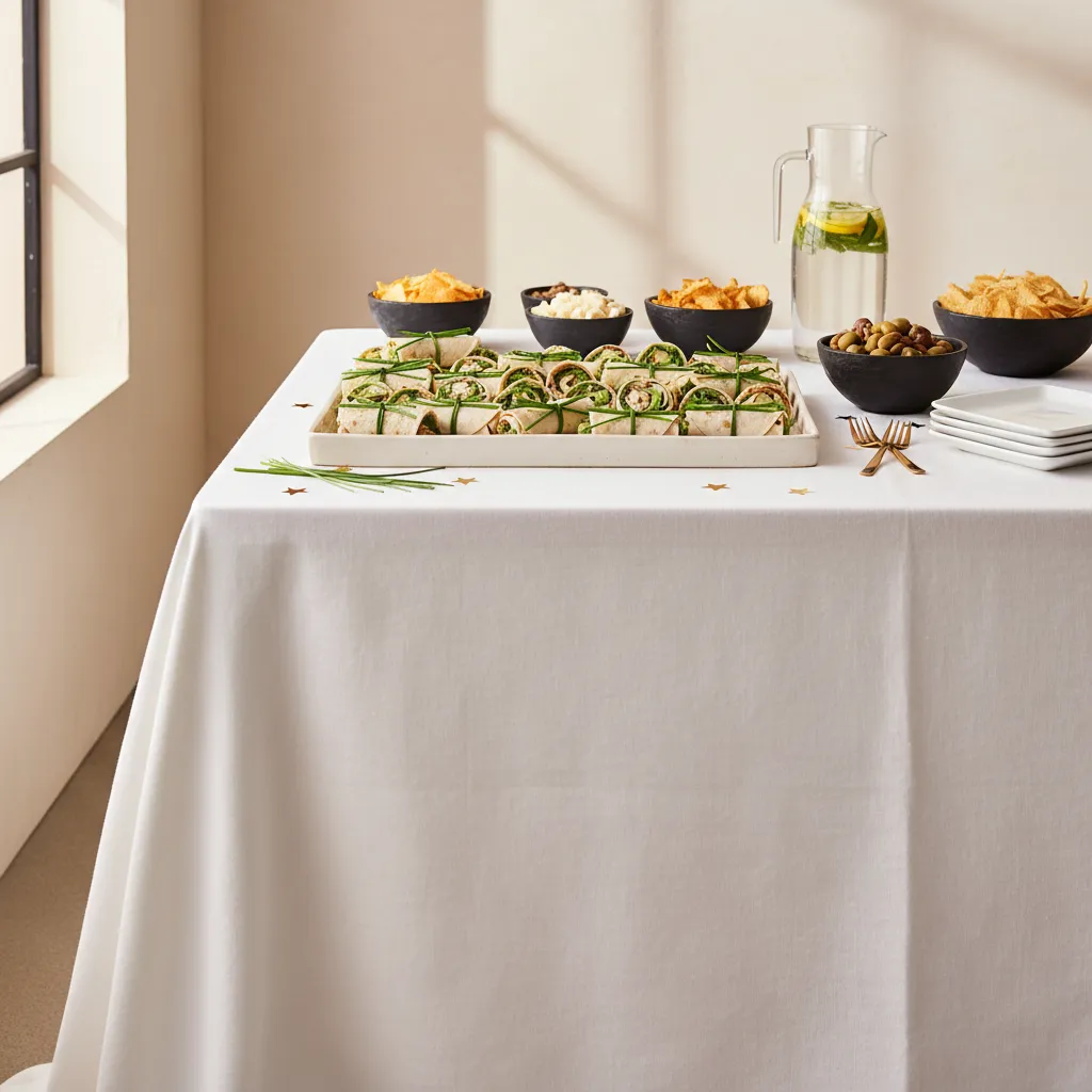 Sleek white buffet table featuring savory wraps tied like diplomas