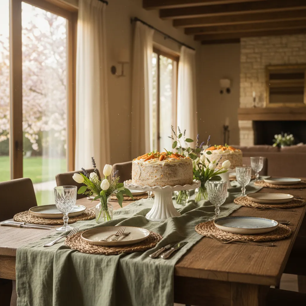 Rustic wooden dining table featuring a gluten-free Easter cake on a ceramic stand with sage green linen tablecloth