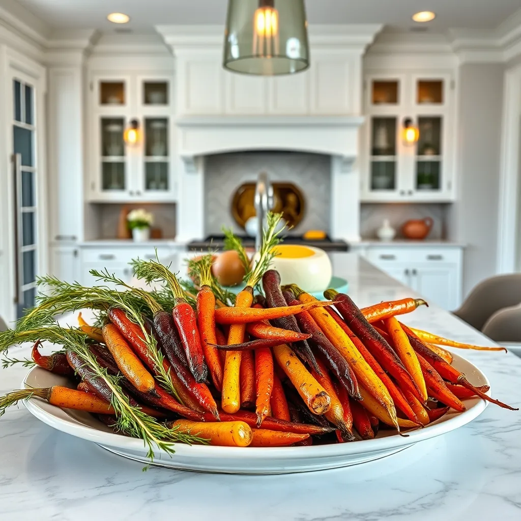 Roasted rainbow carrots with honey and thyme on an elegant white platter