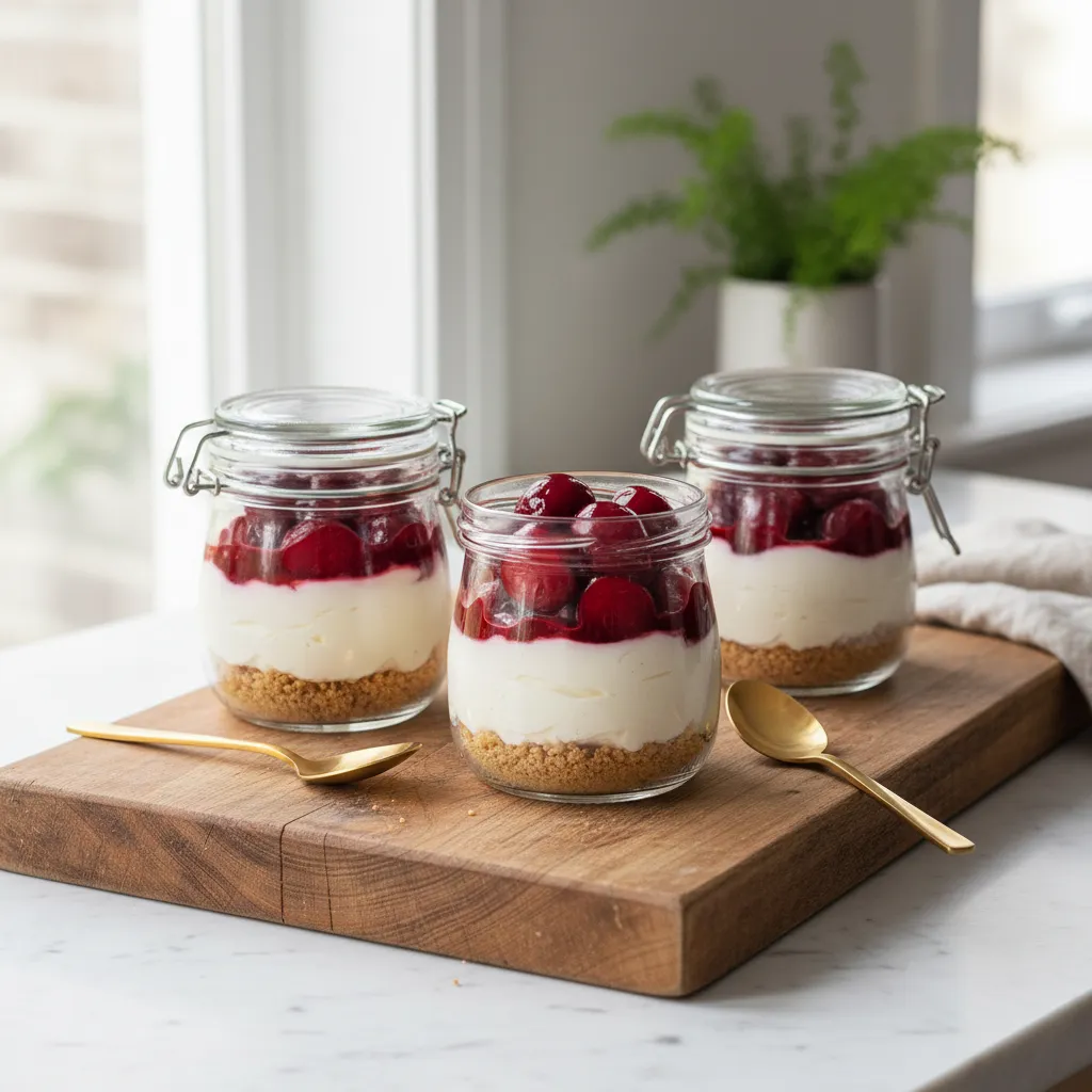 Layered no bake cherry cheesecake served in elegant glass jars on wood