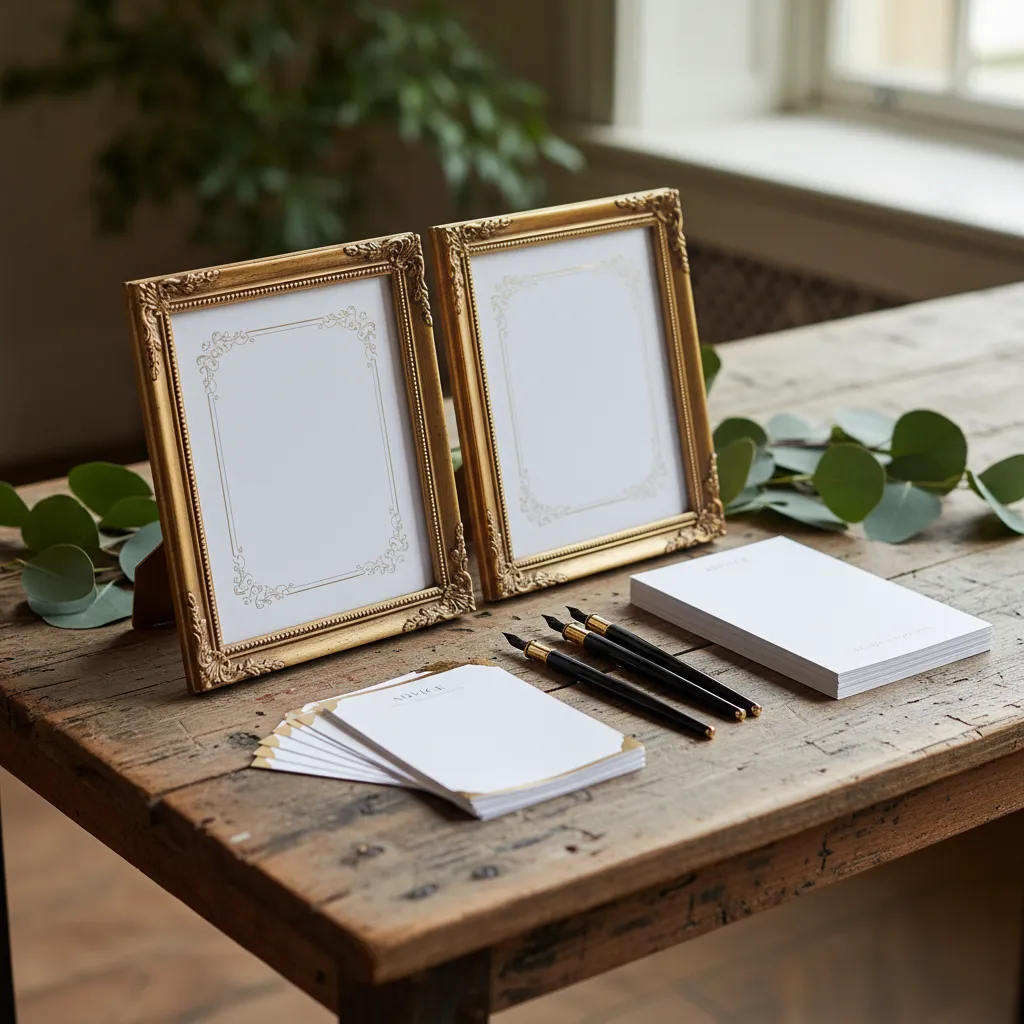 Close up of senior sunday printables on table with gold frames and greenery
