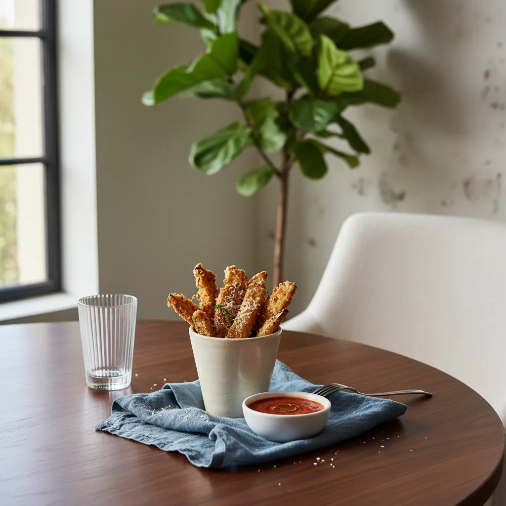 Styled ceramic cone holding eggplant fries with dipping sauce on a dining table