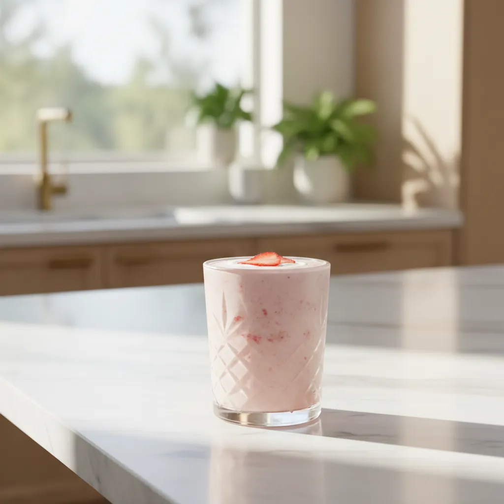 Refreshing pink strawberry smoothie with coconut water in a luxury kitchen setting