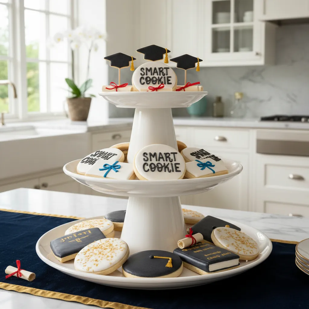 Three tiered white ceramic tray with graduation cookies and tassels