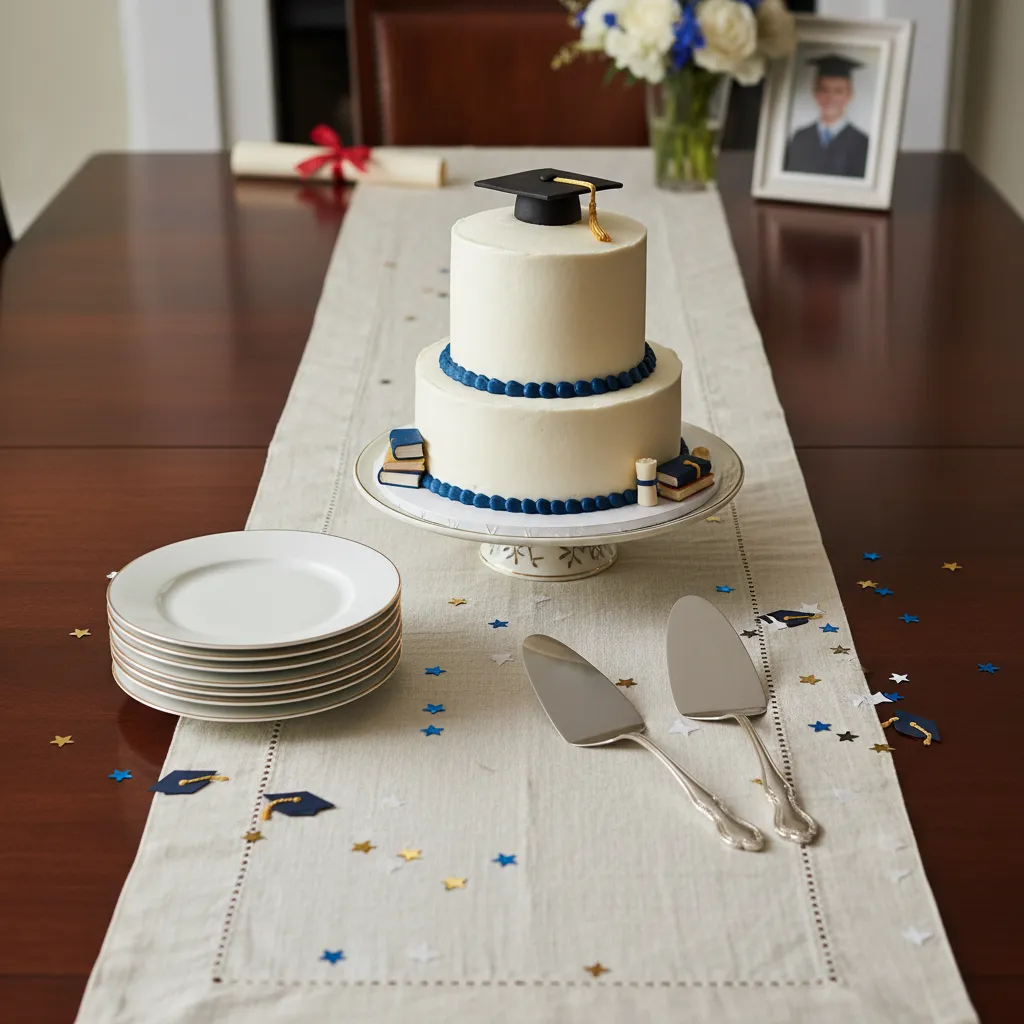 Organized cake station with plates and serving tools arranged for flow