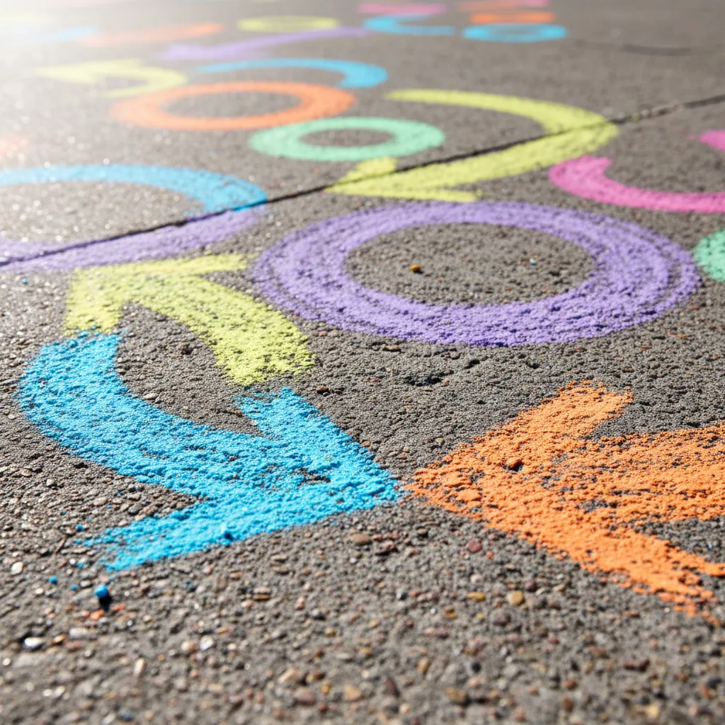 Close up of vibrant chalk arrows on textured asphalt for obstacle course flow