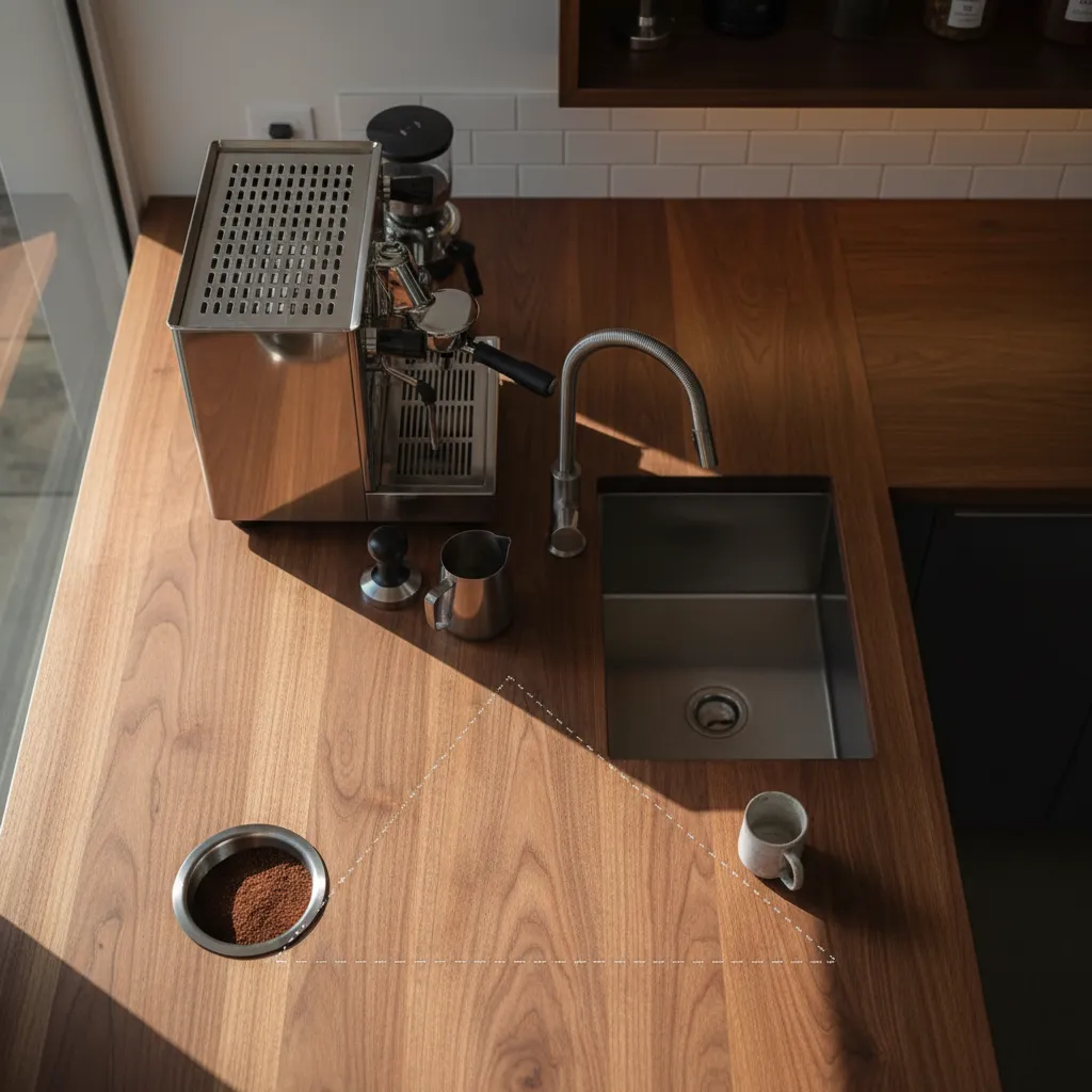 Top-down view of an ergonomic coffee bar layout with walnut counters