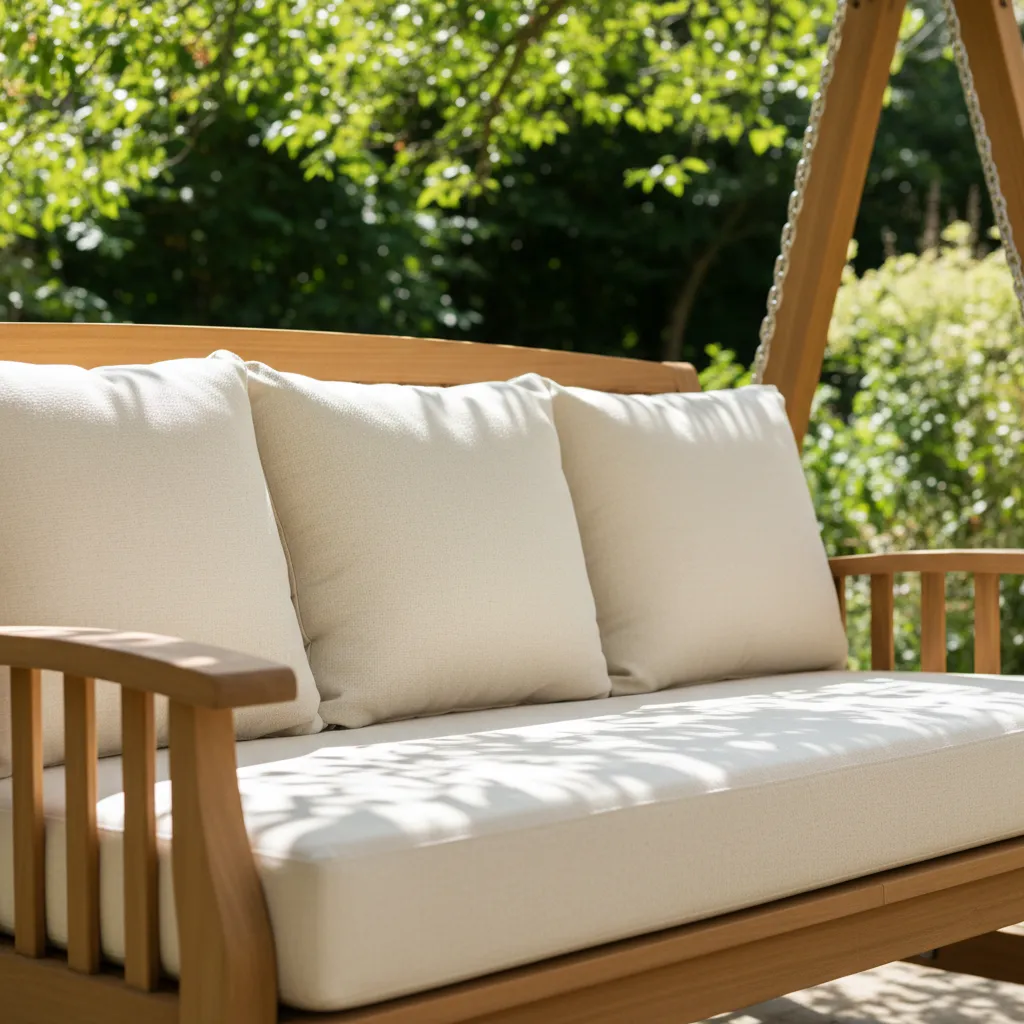 Close up detailed view of weather resistant outdoor swing cushions with thick ergonomic foam