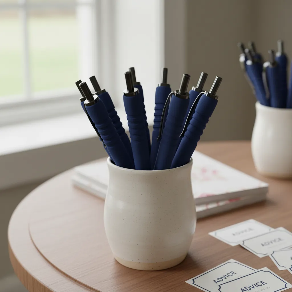 Ergonomic pens in ceramic cup with soft window lighting