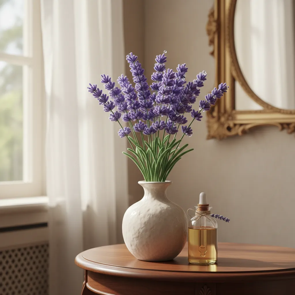 Lavender essential oil bottle next to a handmade pipe cleaner flower bouquet