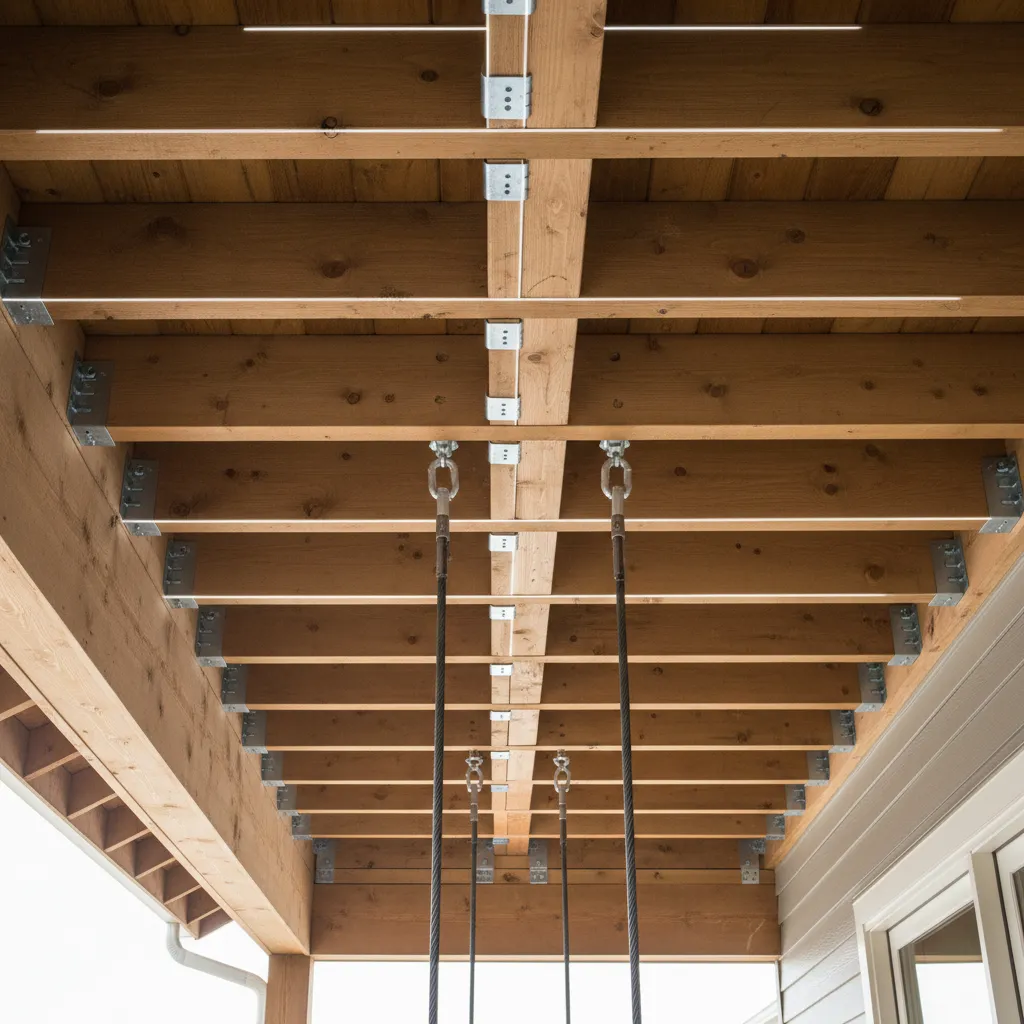 Wooden ceiling joists suitable for hanging outdoor furniture safely