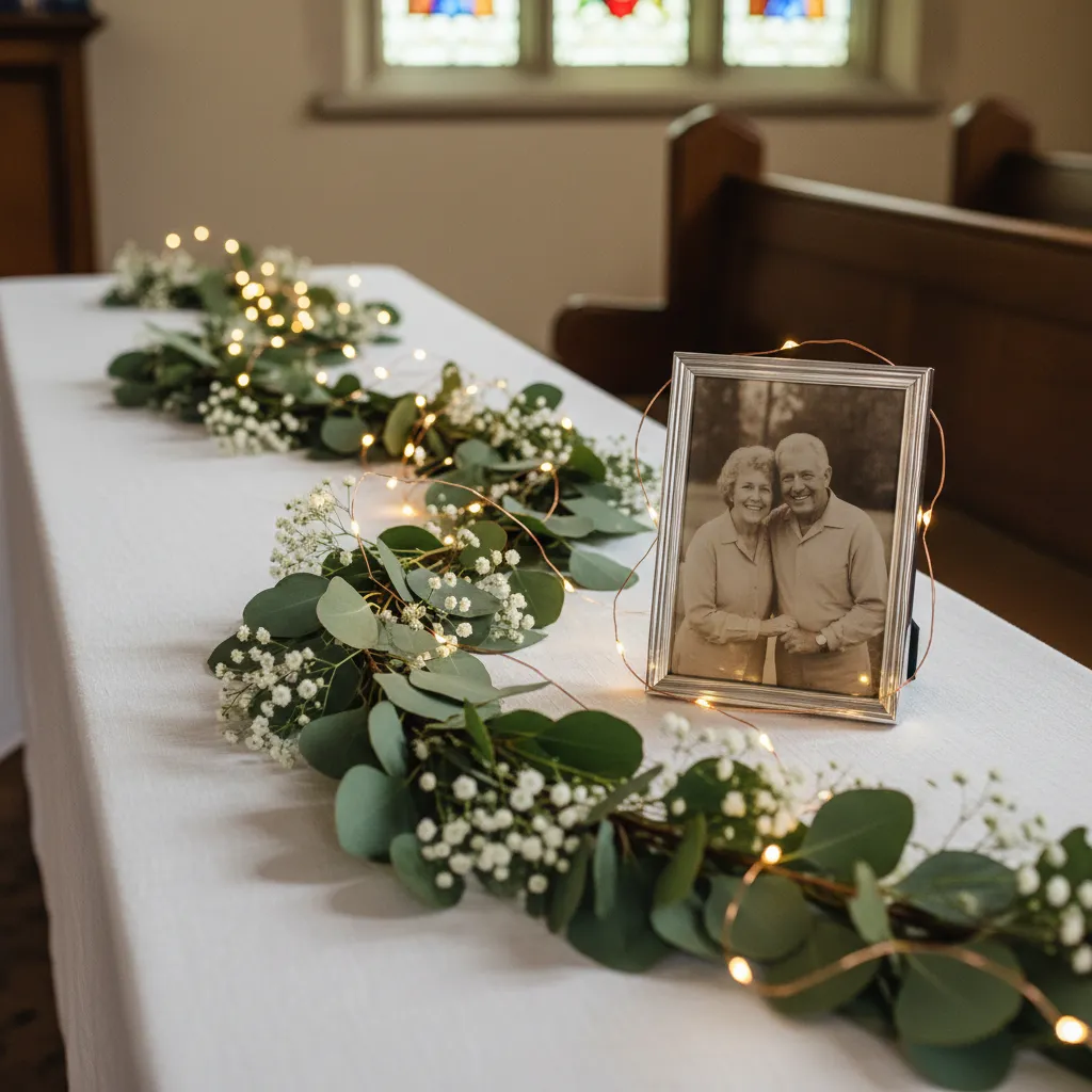 Copper wire fairy lights interwoven with greenery on a church display table