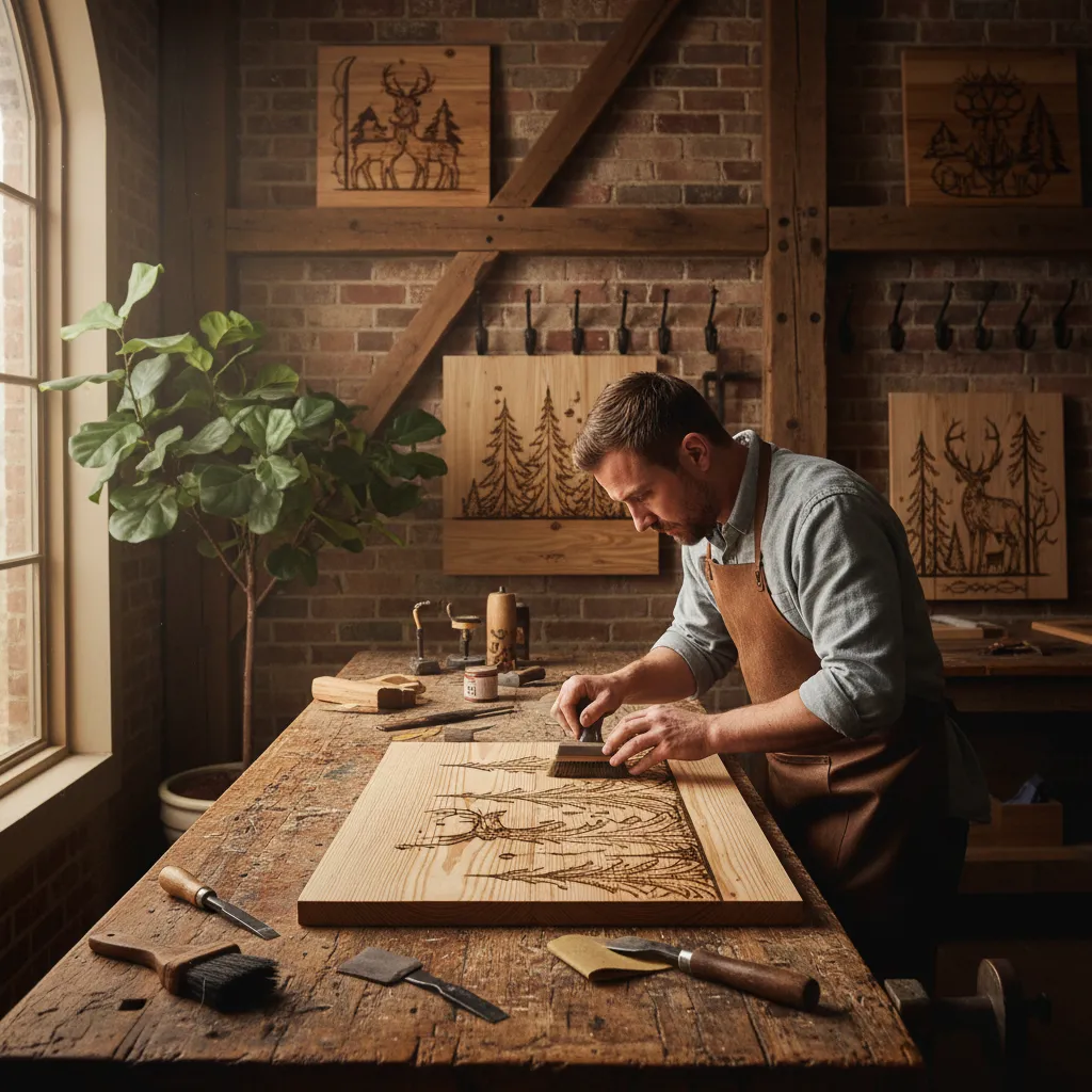 A craftsman repairing over-burned pine wall decor