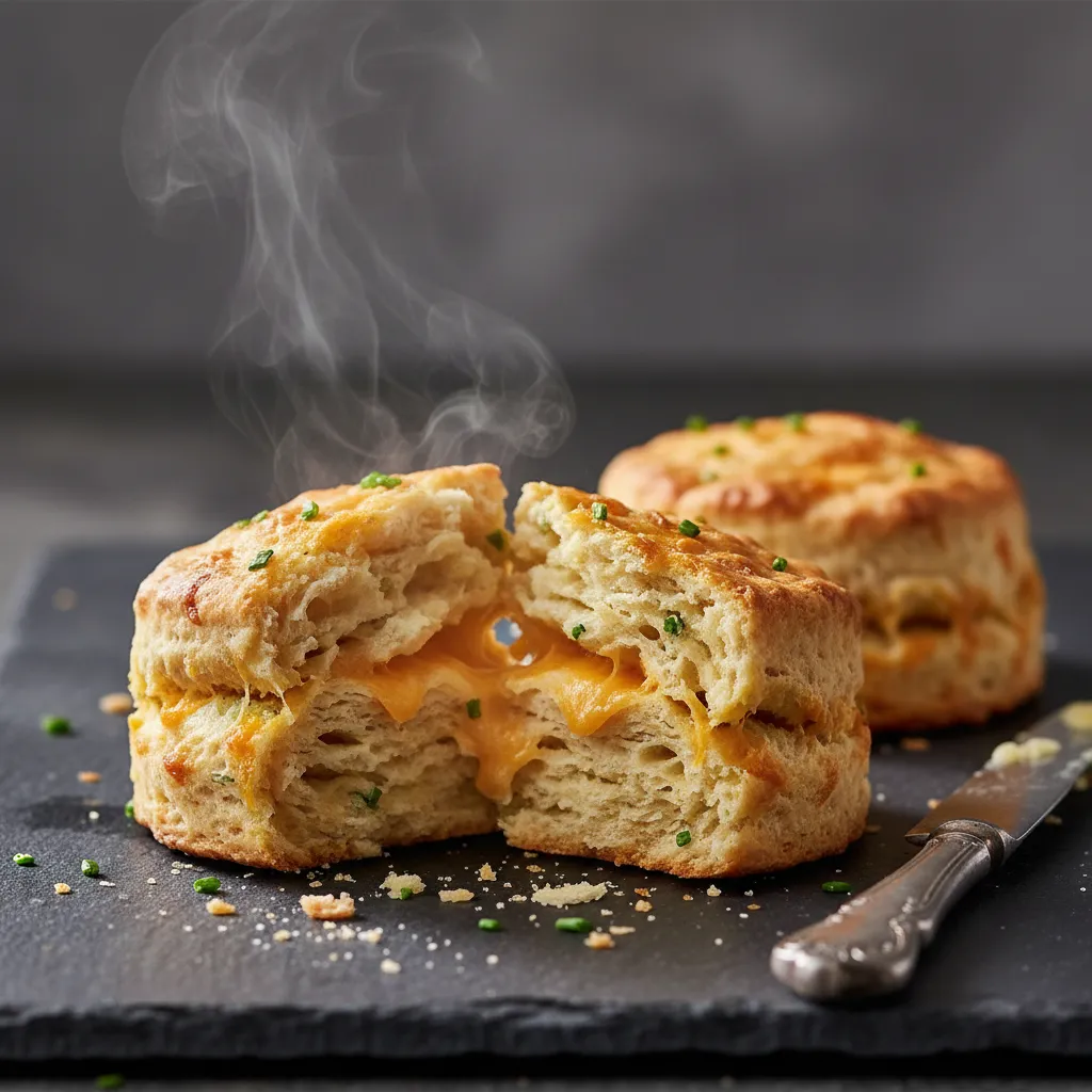 Close up of flaky gluten free biscuit layers with melted cheddar cheese