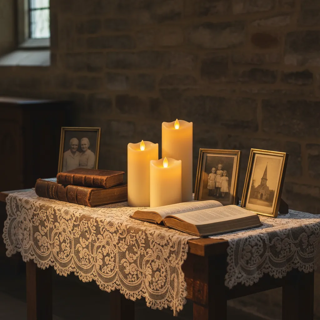 Flameless pillar candles illuminating a senior memorial table with antique photos