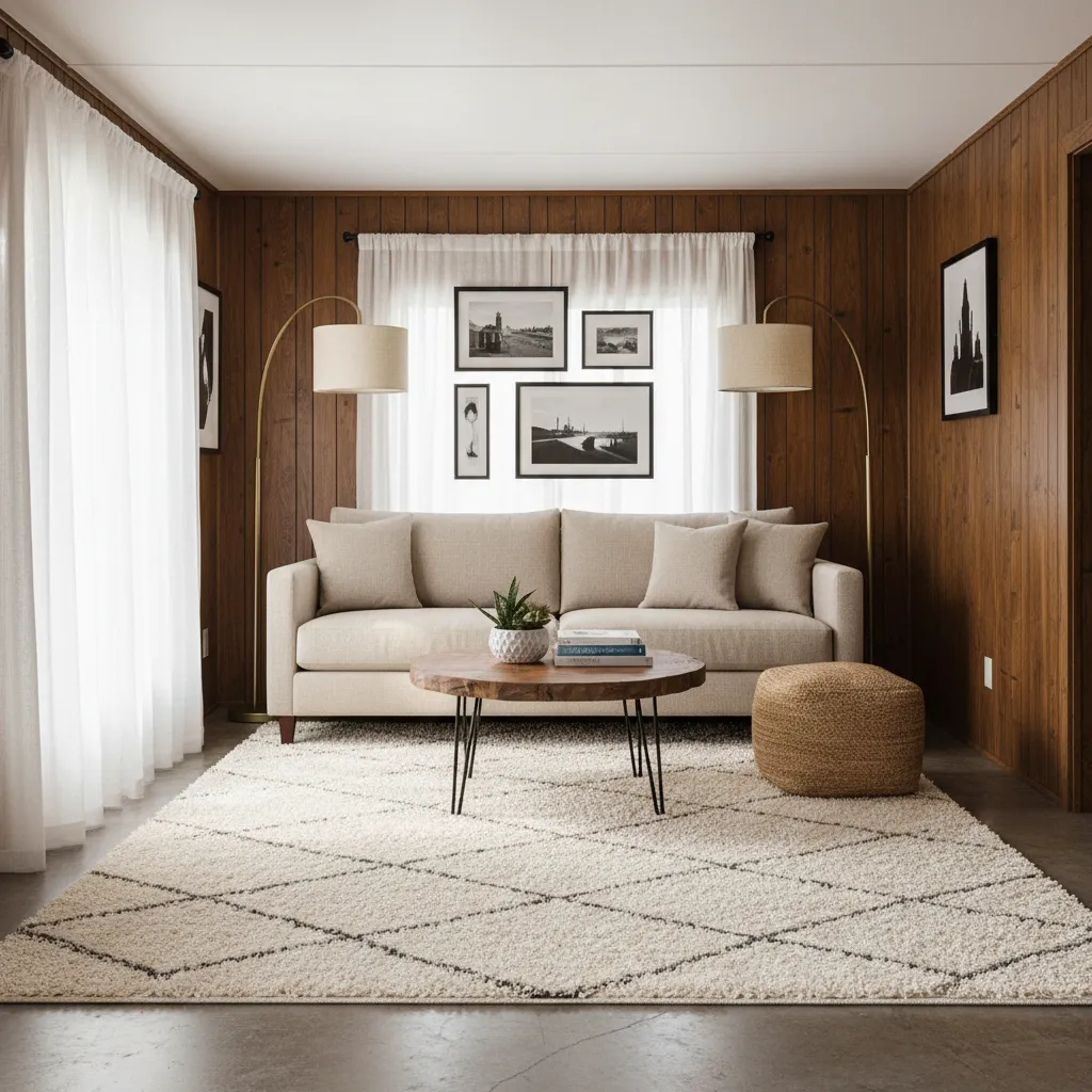 Single wide trailer living room with dark paneling and floating beige sofa