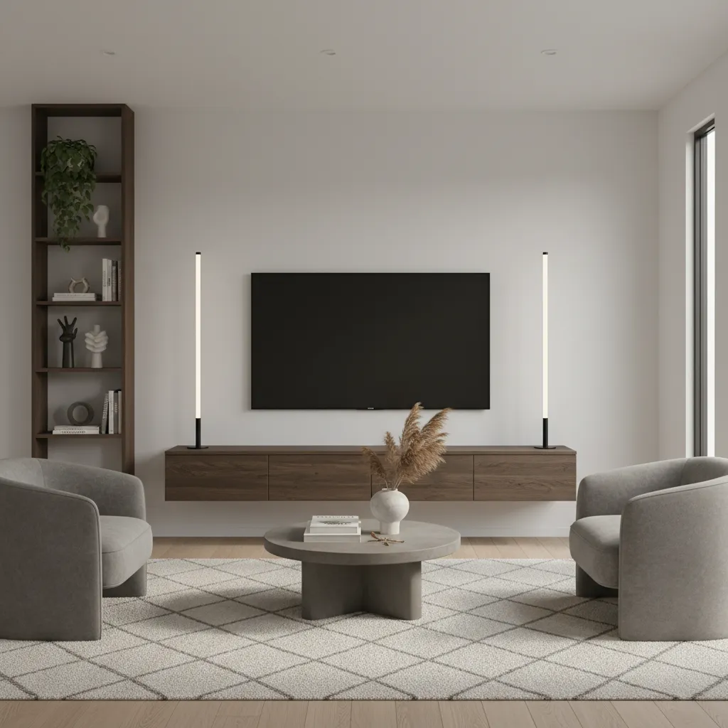 Minimalist floating wood media console in a small living room
