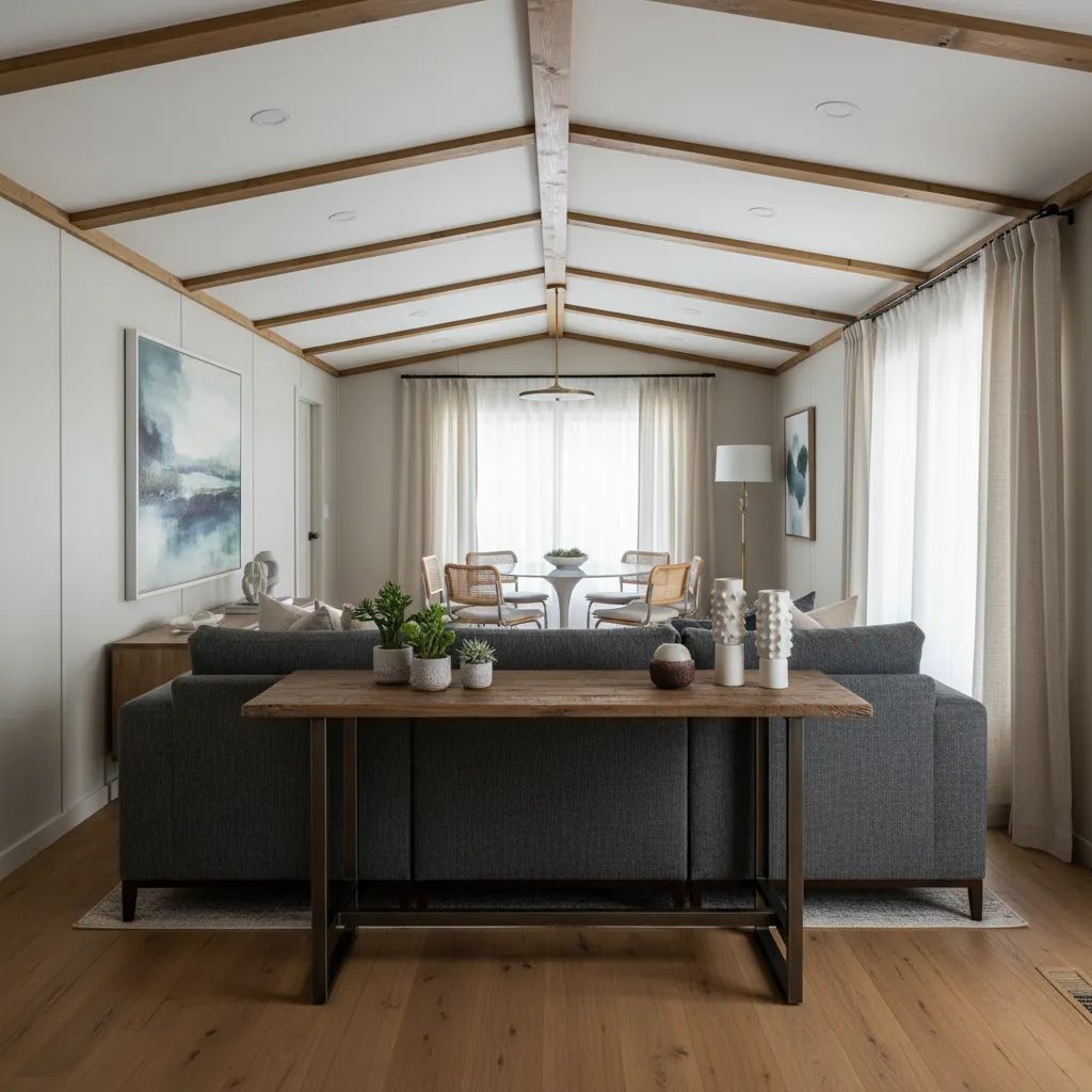 Floating sofa layout with console table in a narrow living room