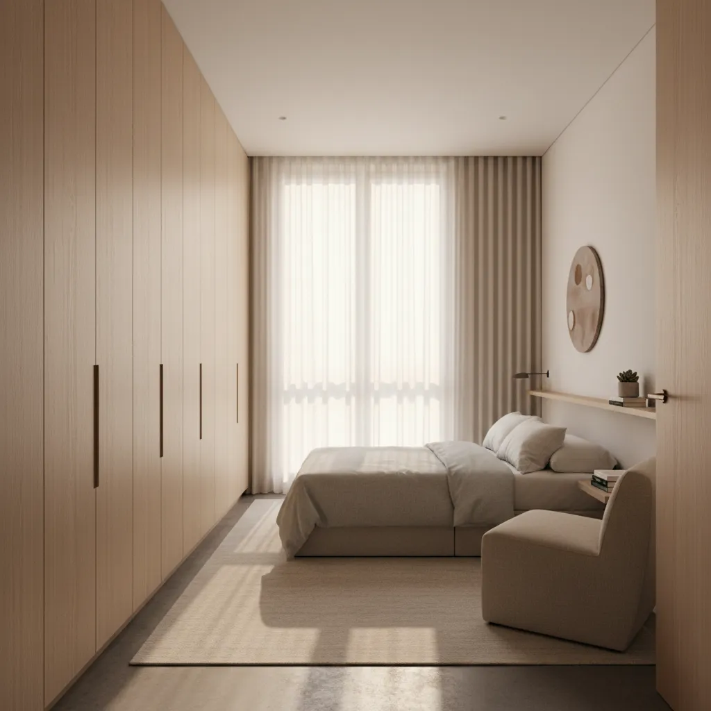 minimalist bedroom with floor to ceiling white oak cabinets and soft lighting