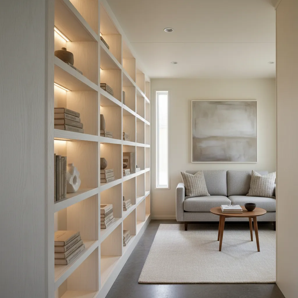 Modern single wide trailer living room with floor to ceiling white built-in shelving units