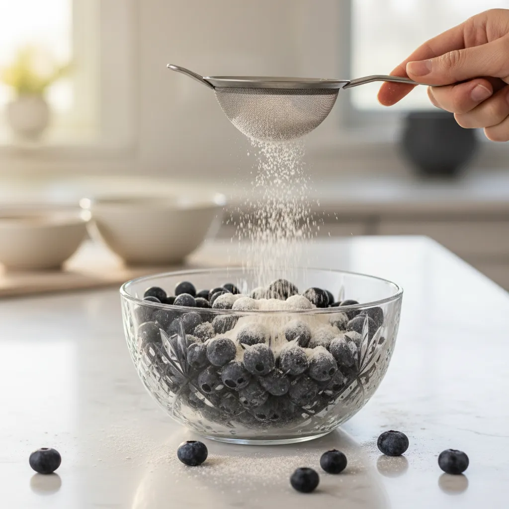 Frozen blueberries tossed in flour in a glass bowl on a marble counter