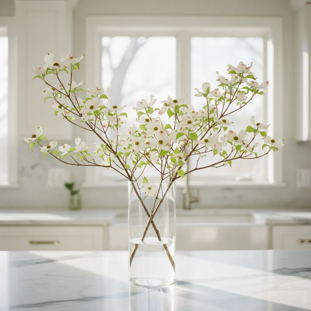Flowering dogwood branches in a glass vase on a marble counter