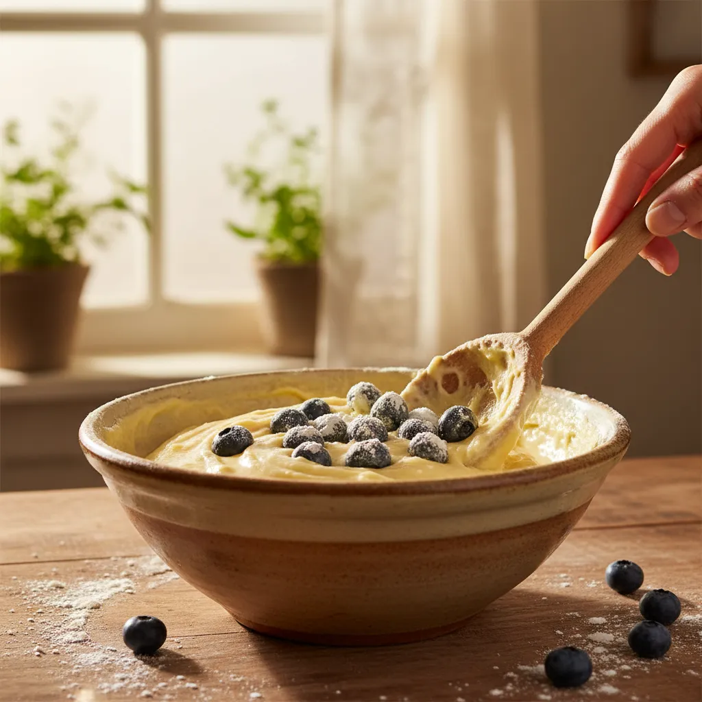 Wooden spoon folding flour coated blueberries into thick muffin batter