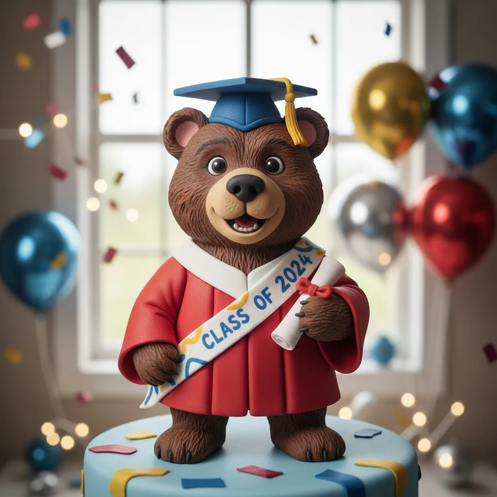 Detailed close-up of a sculpted fondant mascot topper on a graduation cake