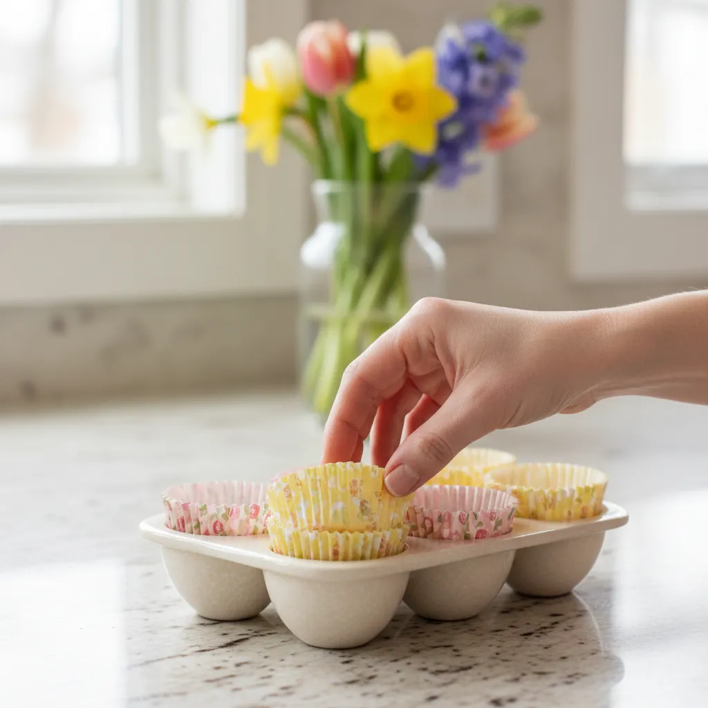 Placing pastel cupcake liners into an egg carton for food safety