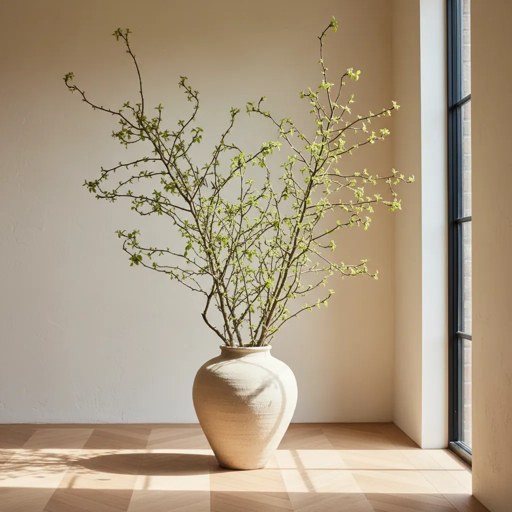 Tall sculptural branches in a ceramic vase decorating a modern entryway