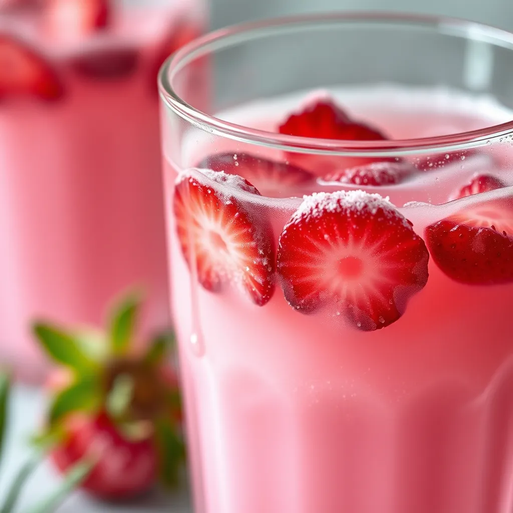 Close-up of freeze-dried strawberry garnish in a homemade Starbucks Pink Drink.