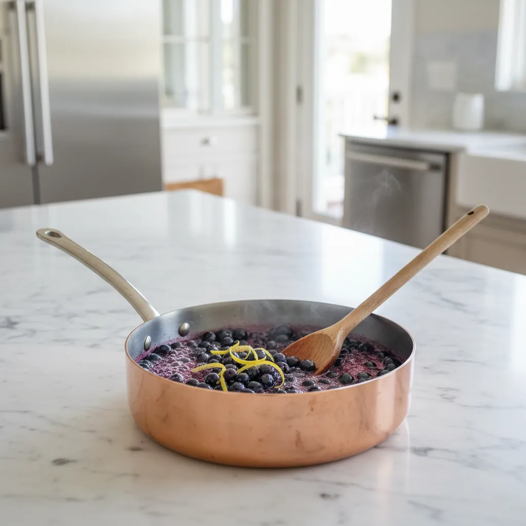 Simmering fresh blueberries in a copper saucepan for cheesecake dump cake base