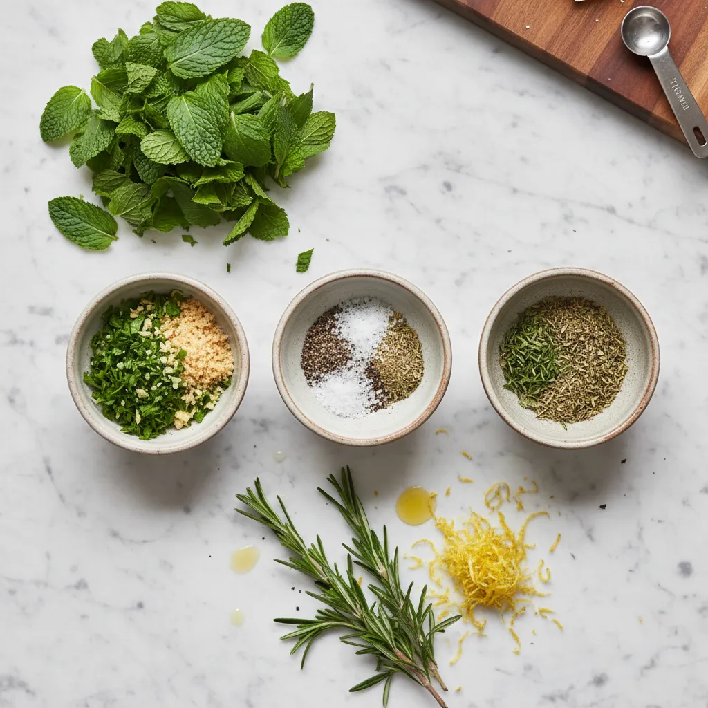 Bowls of chopped herbs for lamb crust on marble surface