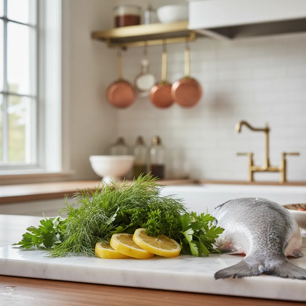 Fresh dill parsley and lemon slices on marble board for salmon preparation