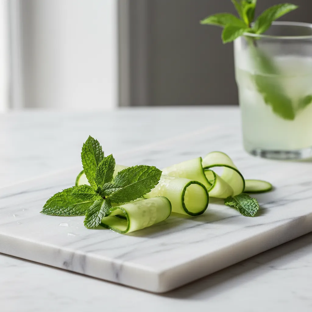 Close-up of cucumber and mint ingredients for a pregnancy hydration drink.