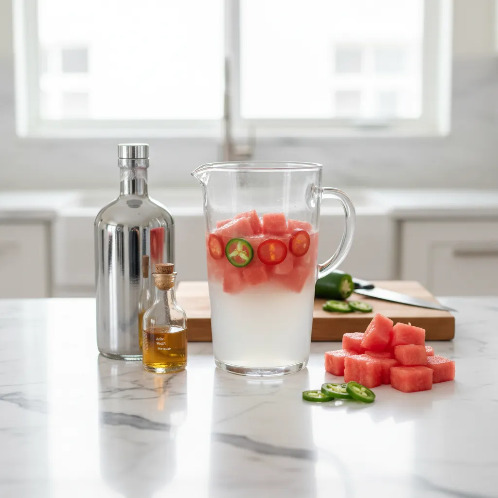 Fresh watermelon cubes and jalapeno slices arranged on a marble kitchen counter for cocktail prep