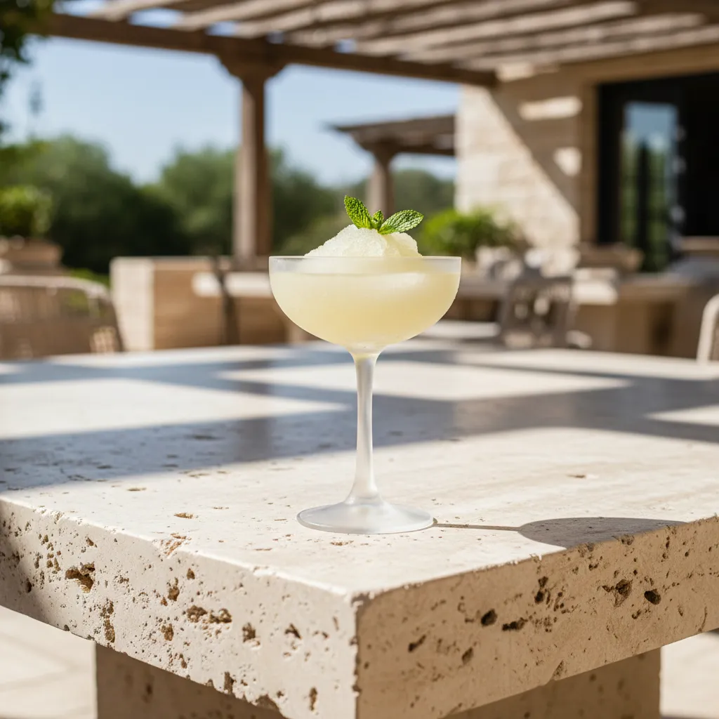 Frosted glass of non-alcoholic limoncello slush with mint garnish on an outdoor stone table