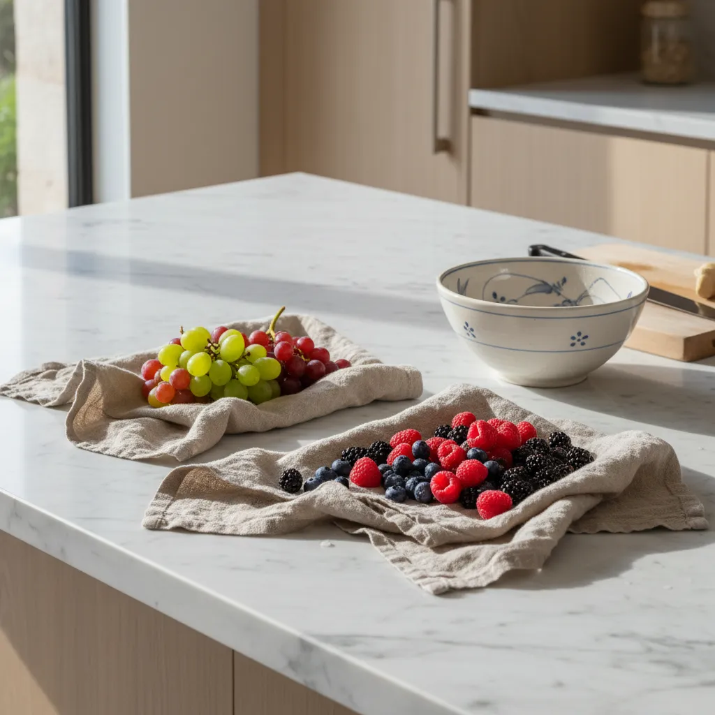 Fresh berries drying on linen towels on a marble kitchen island for Easter fruit salad prep