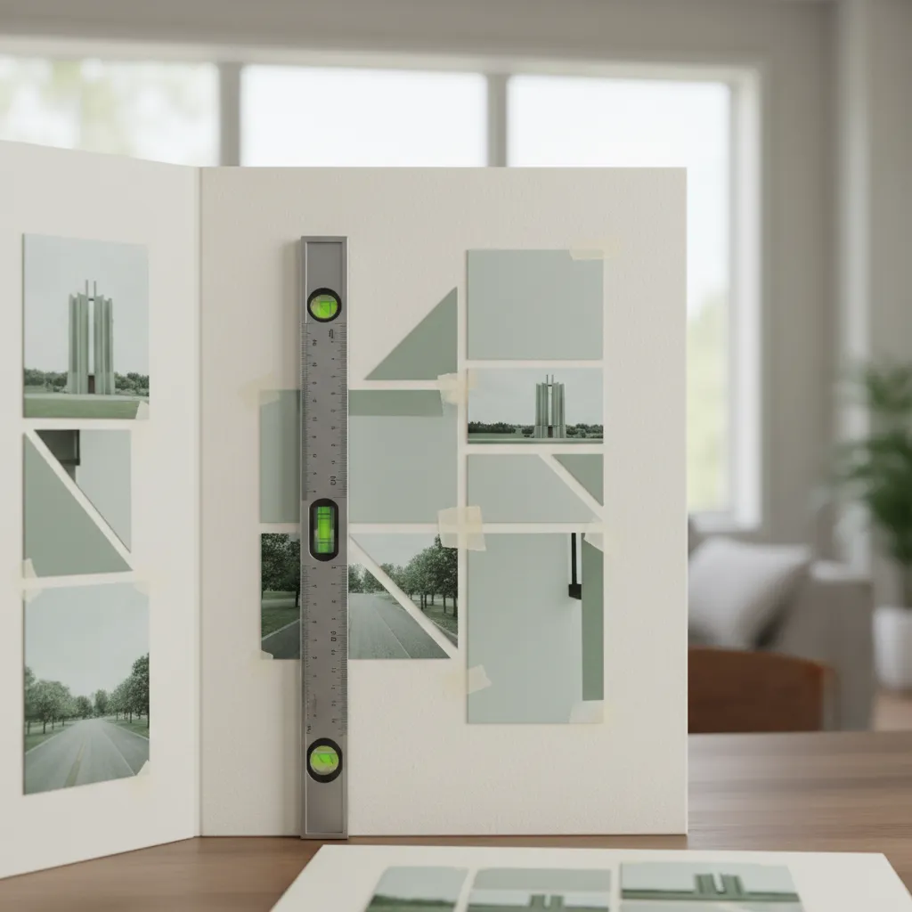 Close up of photos aligned in a grid pattern on a textured display board