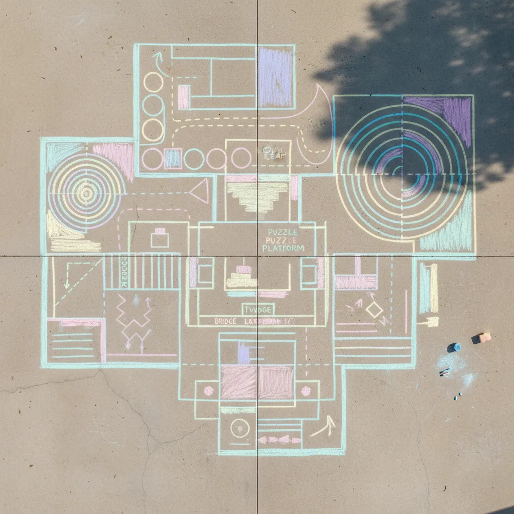 Aerial view of geometric chalk art obstacle course on a concrete driveway