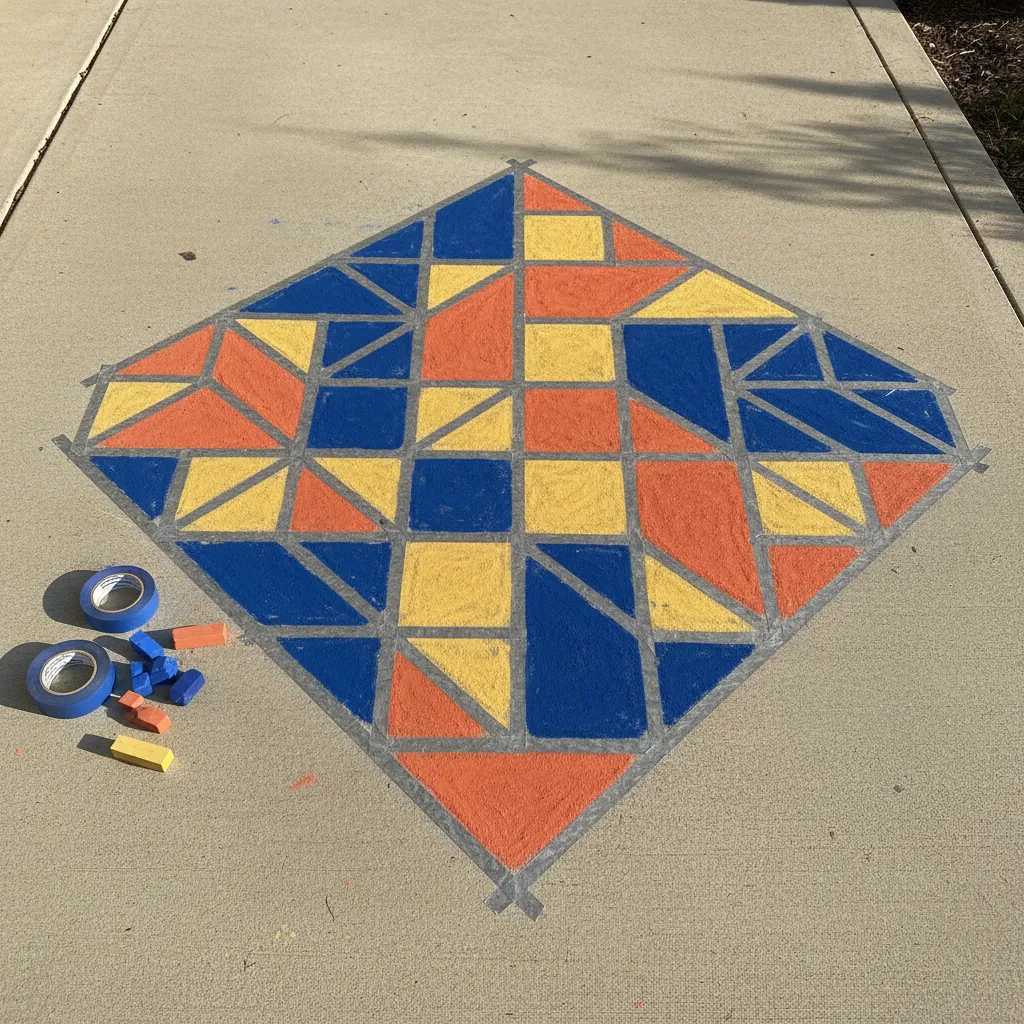 A colorful geometric tape resist mosaic created with sidewalk chalk on a clean concrete driveway.