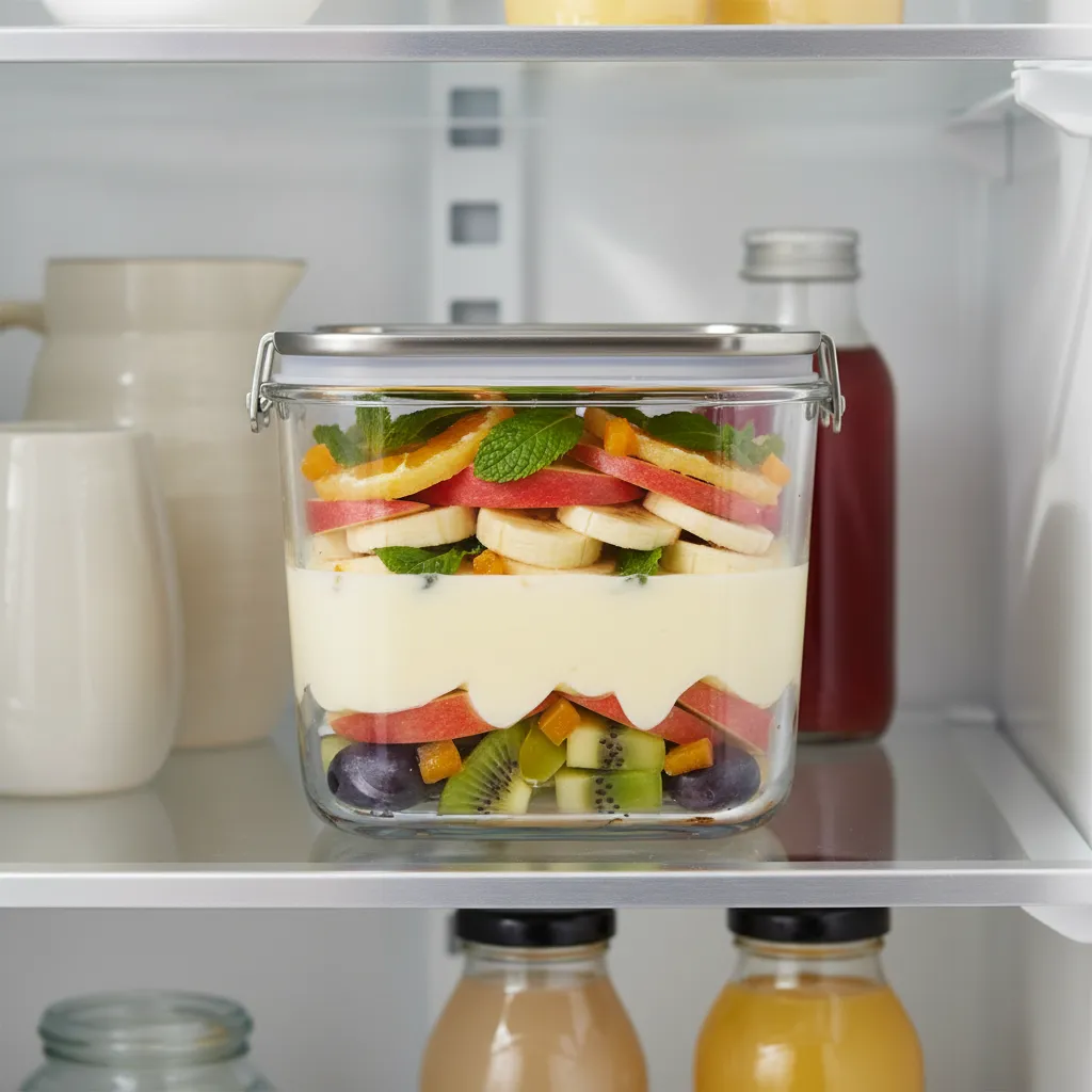 Modern glass airtight container with fruit salad in a refrigerator