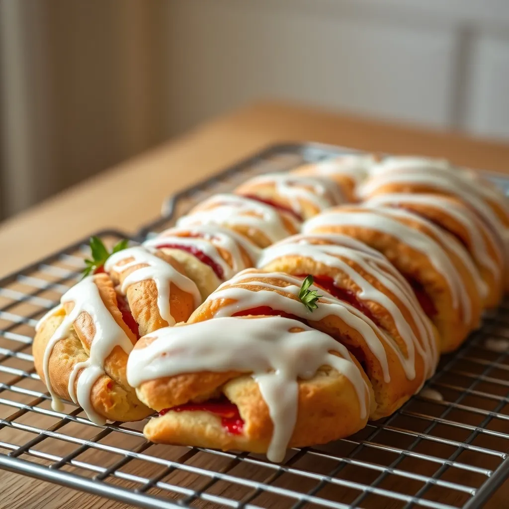 Baked strawberry crescent braid with icing drizzle on cooling rack