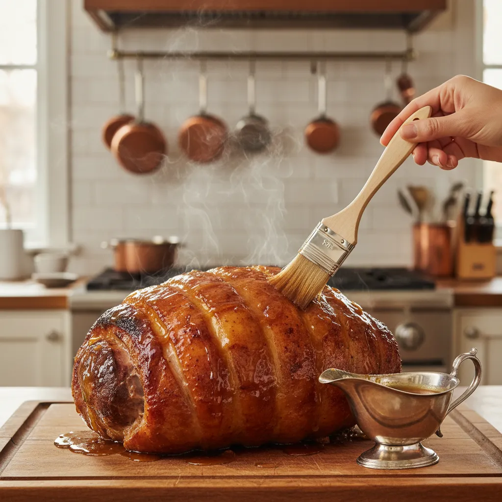 Applying glossy apple cider glaze to a hot roast pork crown