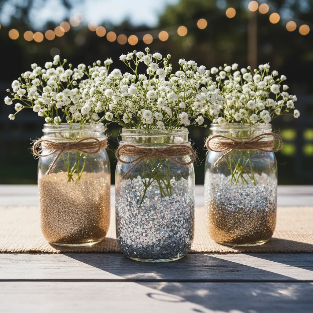 Comparison of fine, chunky, and mixed glitter grains on glass mason jars