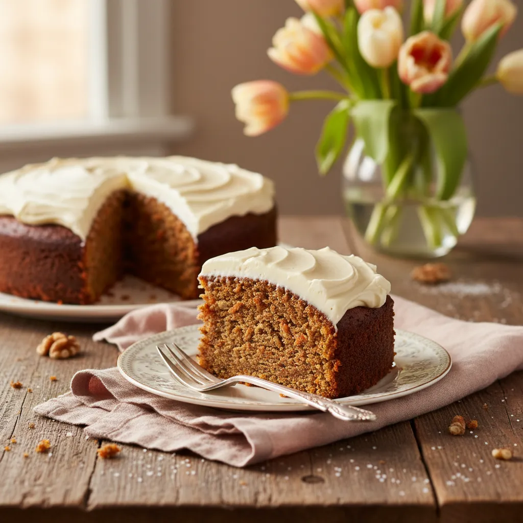 Slice of moist gluten free carrot cake on rustic table with easter decor
