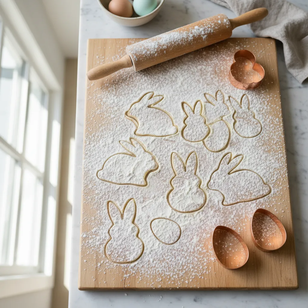 Unbaked gluten free sugar cookie dough cutouts on a wooden surface with copper baking tools