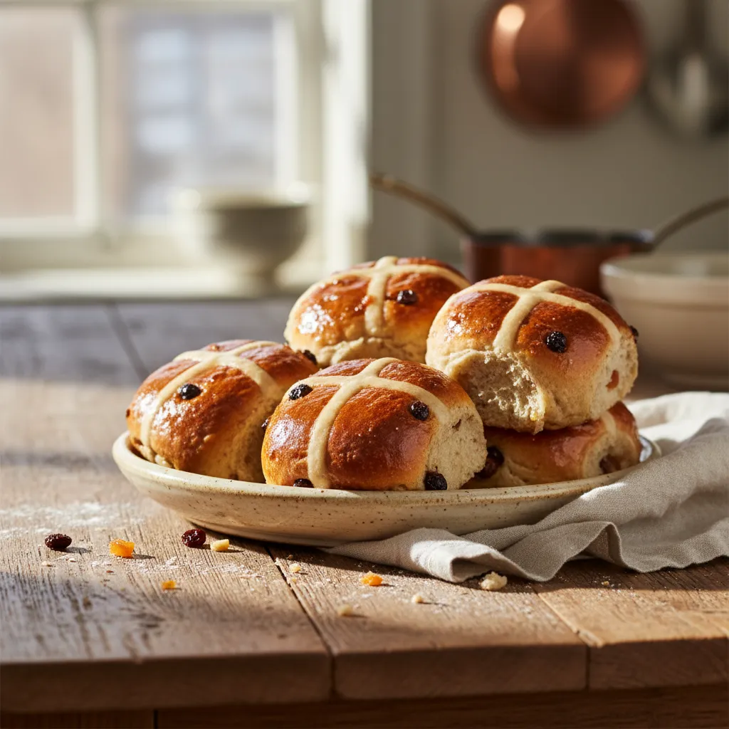 Traditional fruit studded Easter baking recipes gluten free displayed on a farmhouse table