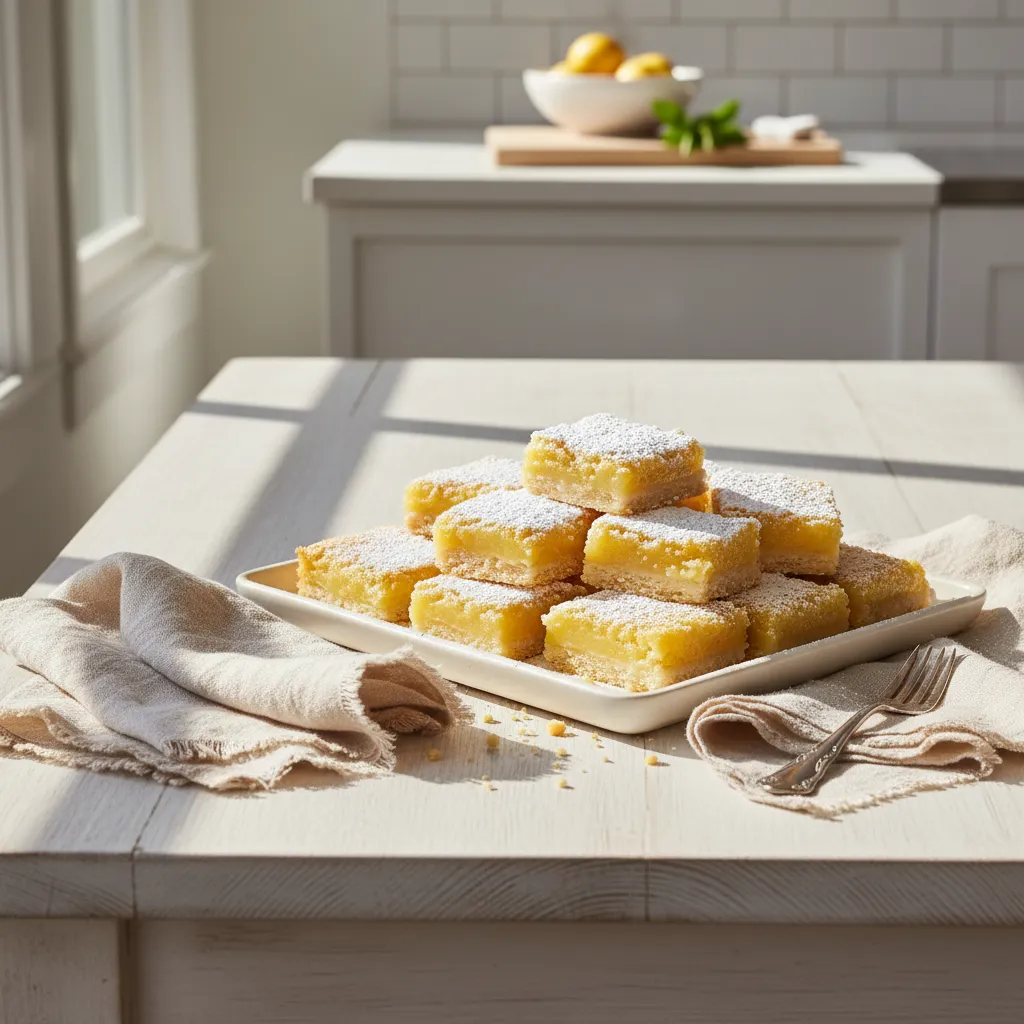Gluten free lemon bars arranged on a white ceramic platter for Easter brunch