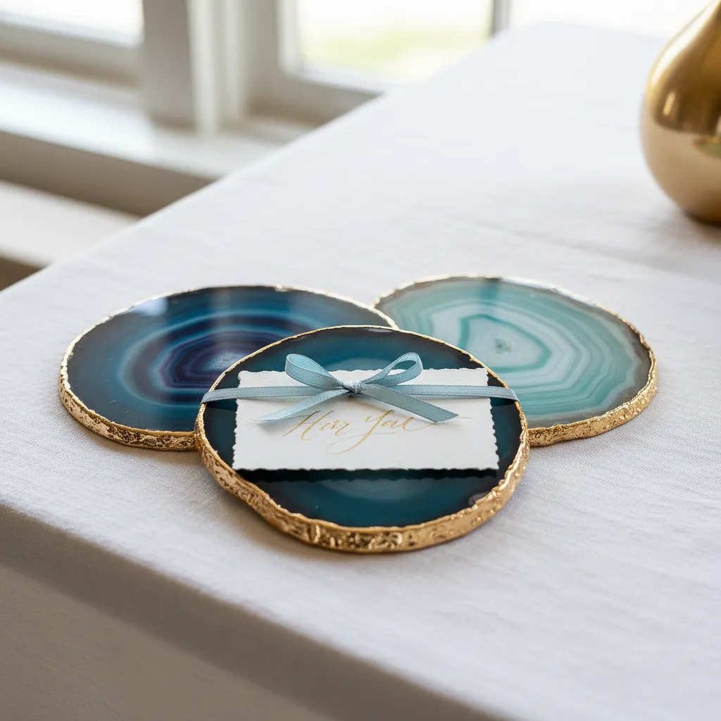 Agate stone coasters with gold plating and calligraphy name tags